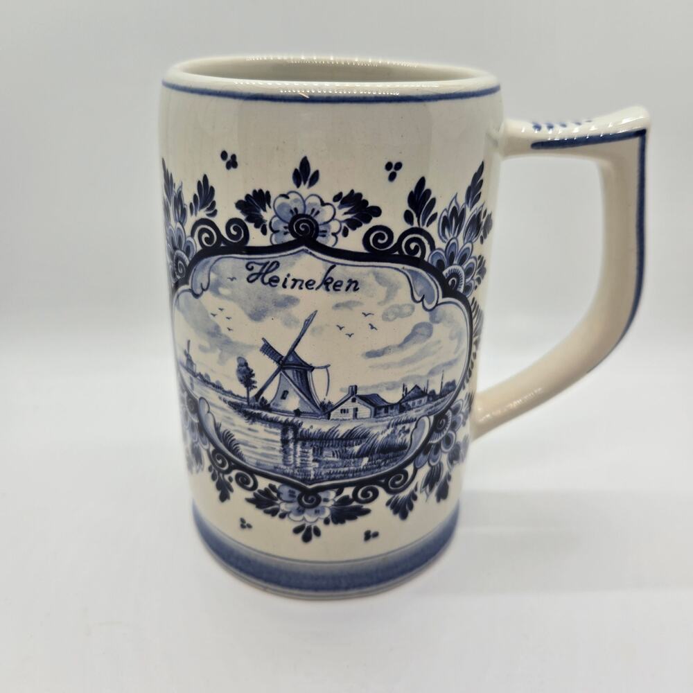 Vtg Blue Delft Mug Hand Painted Heineken Holland Windmill Sailboat Dutch Pottery